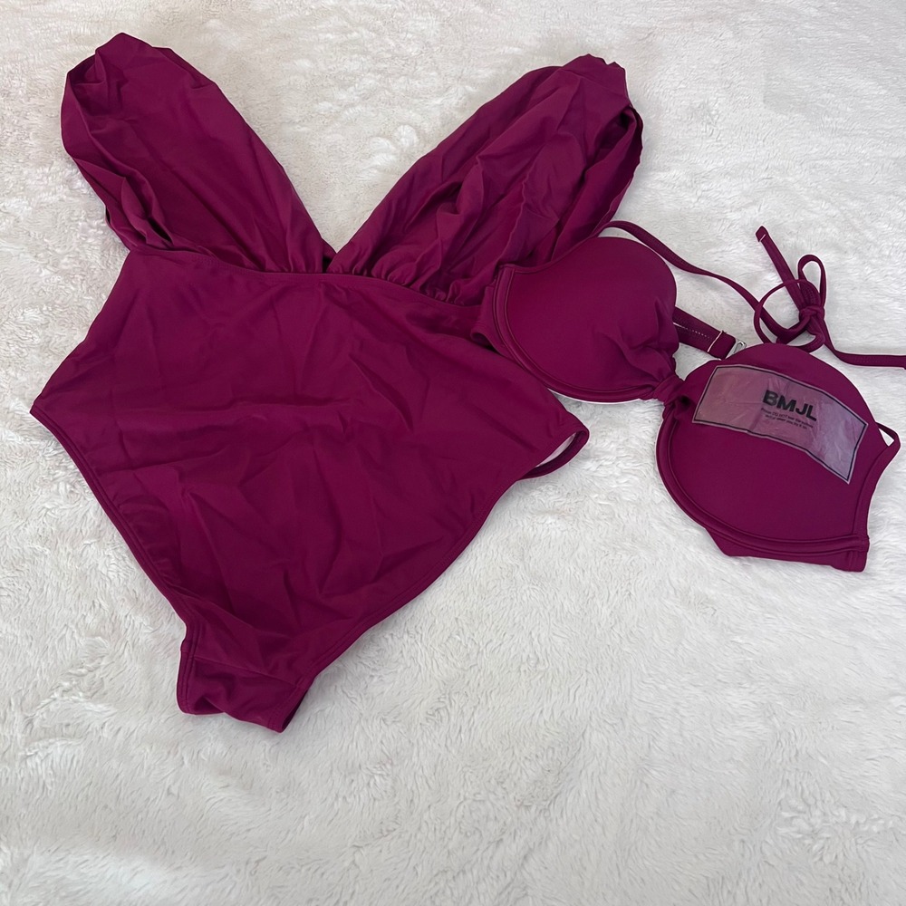 Cupshe‎ Womens Ruffle V-Neck One Piece Swimsuit & Bikini Top Set Plum Large NEW - Picture 4 of 15